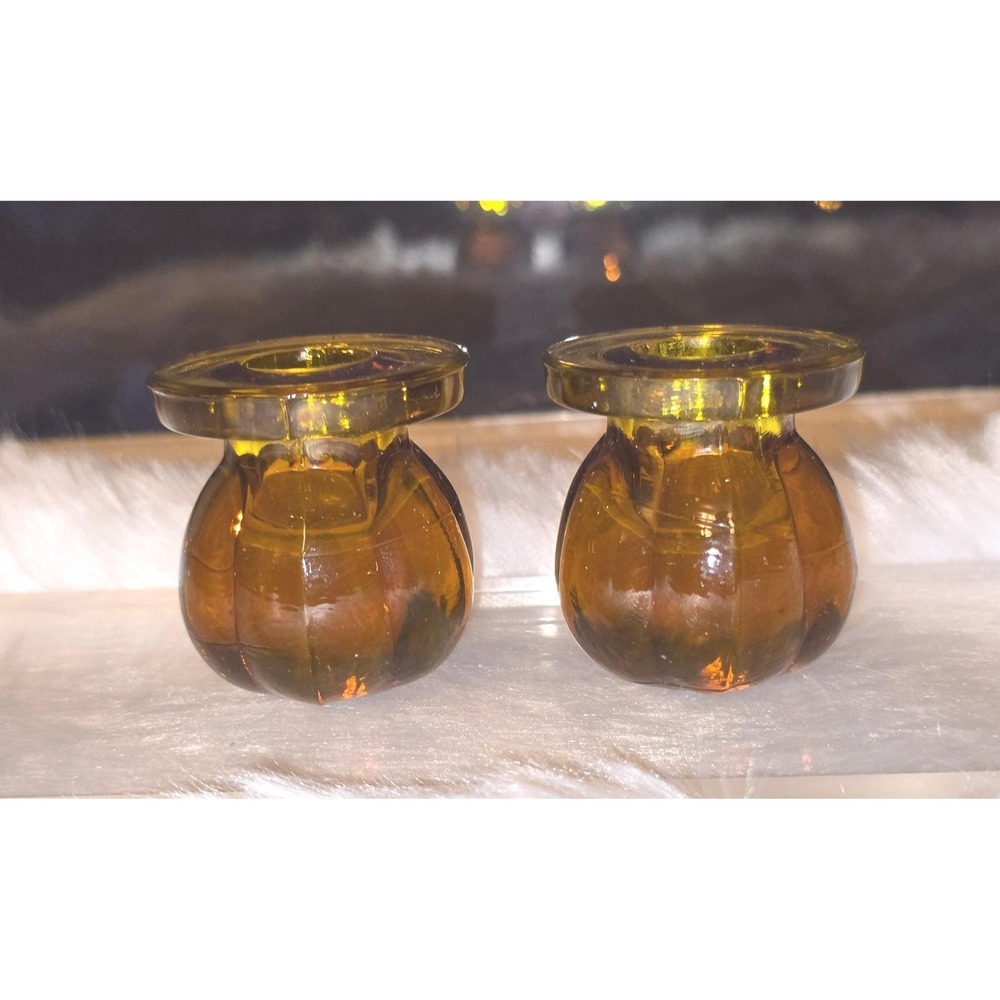 Vintage‎ Amber Glass Pumpkin-Form Taper Candle Holders - Set of 2